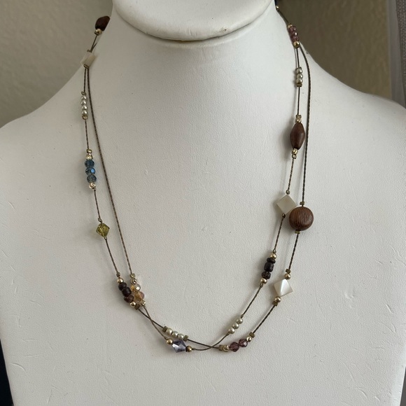 Japanese multi gem & wood antiqued brass long necklace - Picture 5 of 10